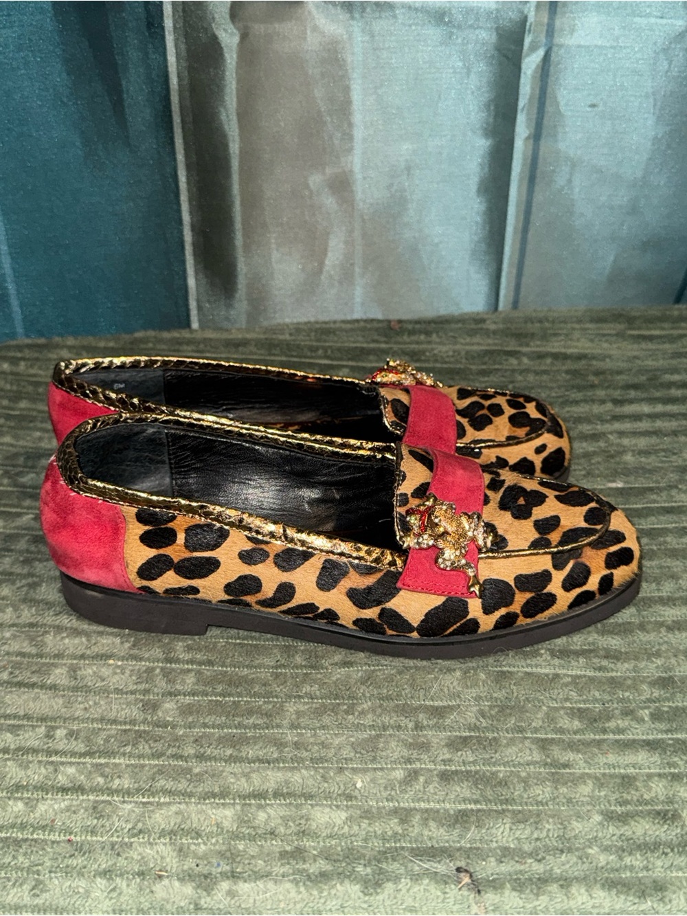 Beverly Feldman Leopard Print Loafers with Red Trim